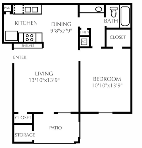 Floor plan for 1 bed, 1 bath, 652 sqft
